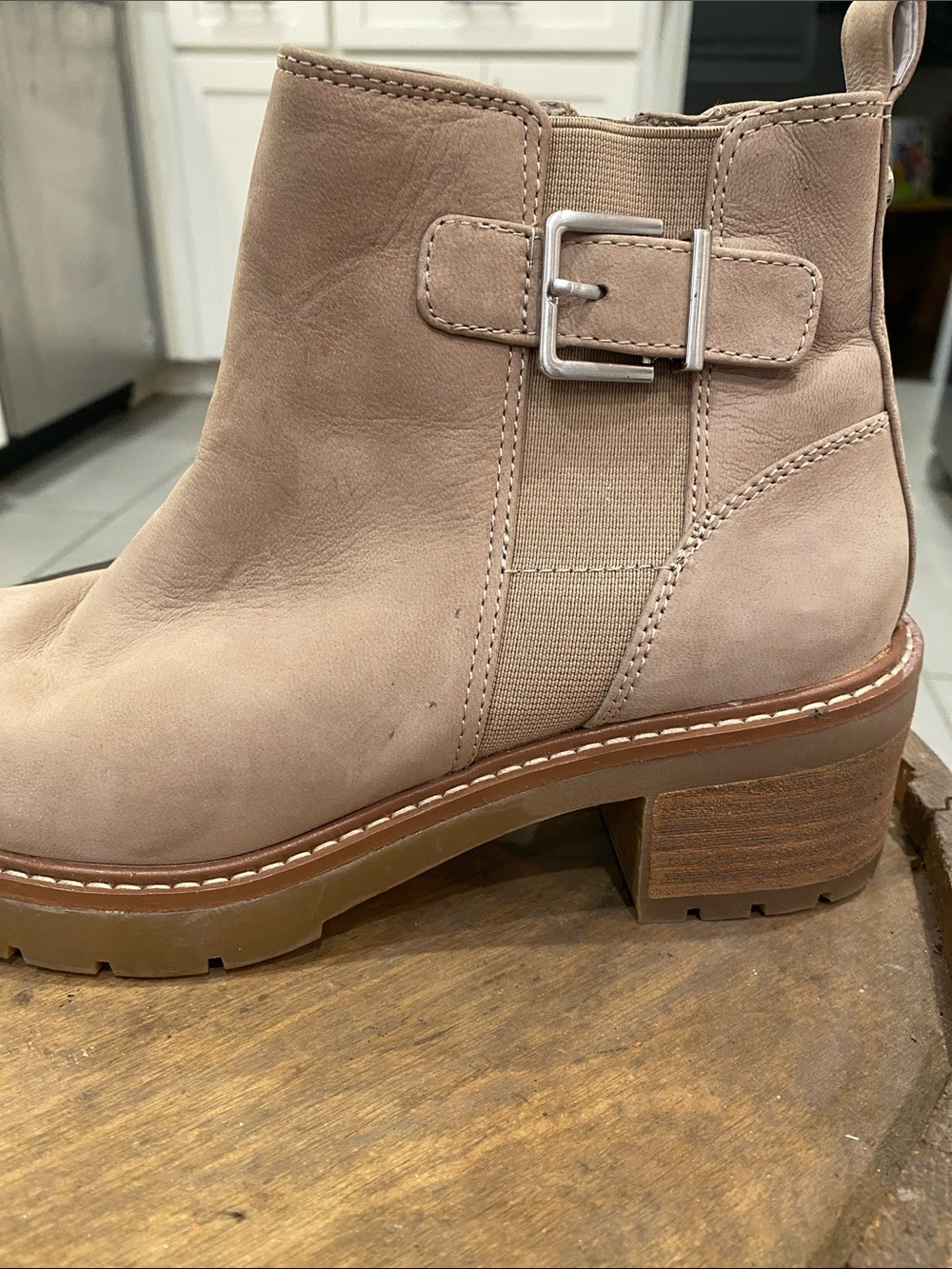 Alex Marie Blush Tan Suede Buckle Platform Chelsea Booties